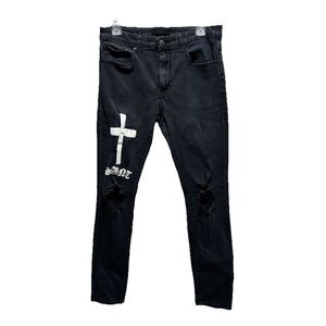 Forever 21 Mens Black‎ Skinny Denim Jeans Zip Size 31x30 Low Rise Distressed